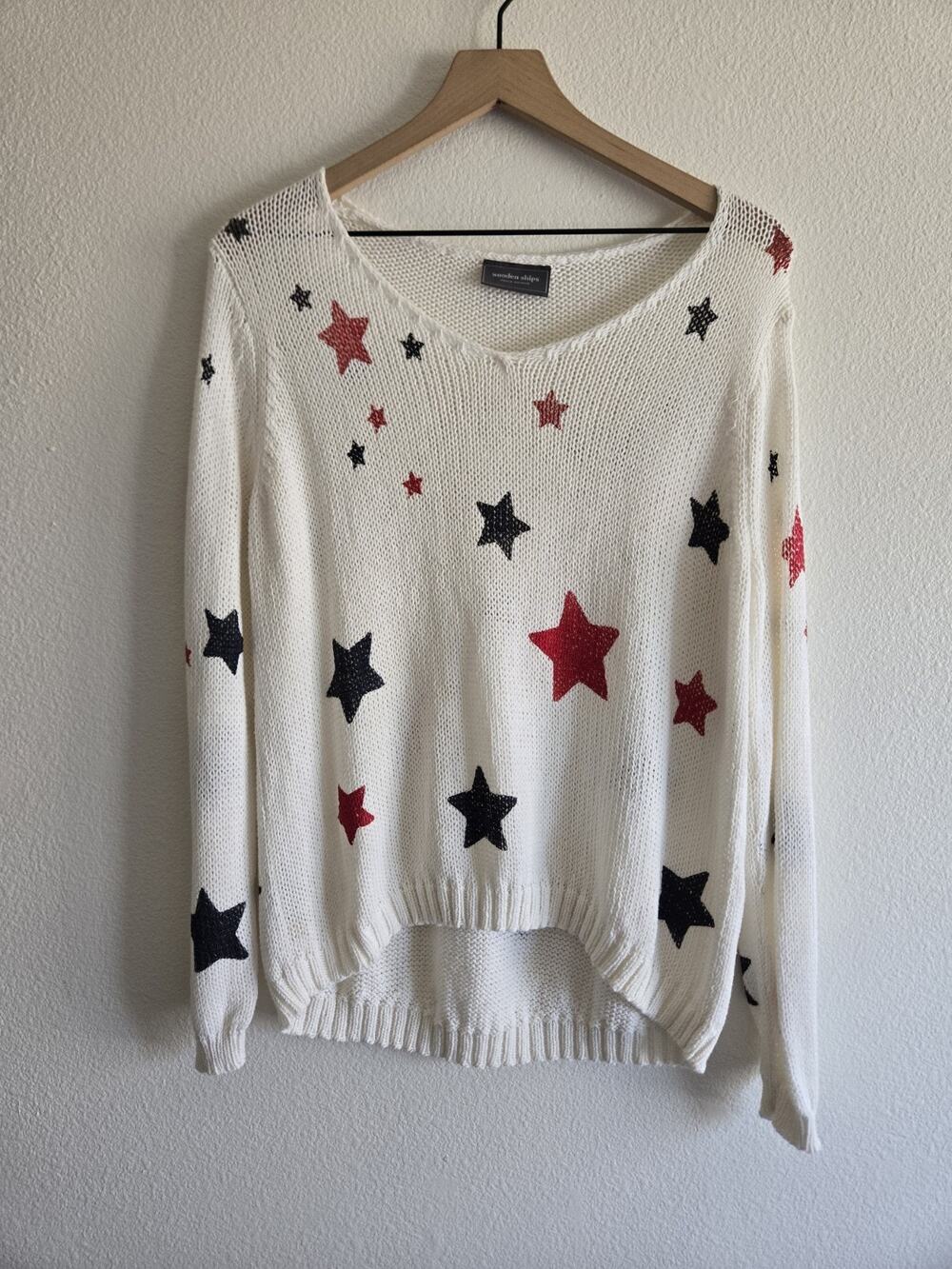 Wooden Ships S/M Stars Open Knit Sweater Americana Coastal Nautical Beachy Ivory